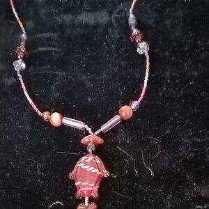 Red Glass Pendant Necklace with Beaded Accents - Women Jewelry